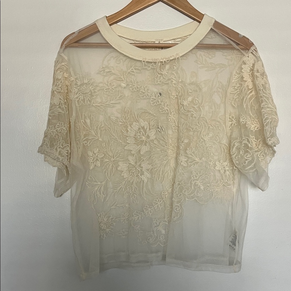 Anthropologie Embroidered Sheer Cream Lace Top - Picture 3 of 6